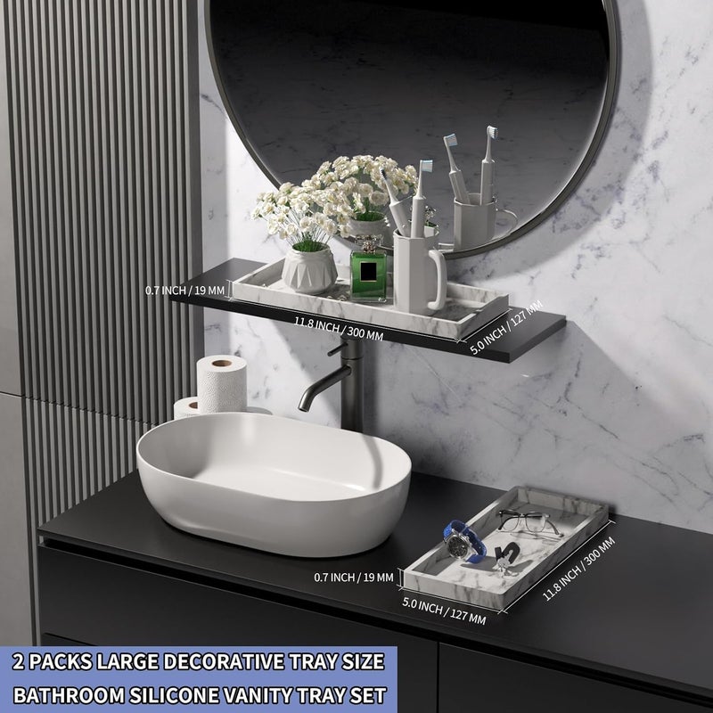 BBK Bathroom Vanity Tray 11.8 in- 2 Pack(Large) Silicone Bathroom Tray for Counter, Perfume Key Trinket Ring Tray, Decor Soap Dispenser Countertop Tray for Kitchen Sink Organization(Faux Marble Look) - Image 3